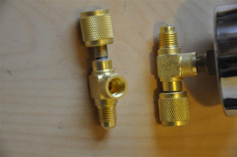 Tee Adapter/Converter: 1/4" male SAE flare X 1/8 female NPT X 1/4 female SAE flare swivel connector