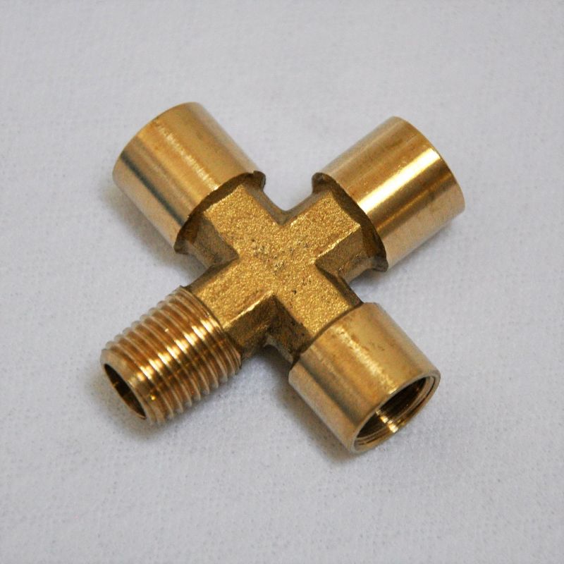 Brass Cross Adapter: 1/4 MNPT NPT X (3) 1/4 FNPT IPT Solid one piece