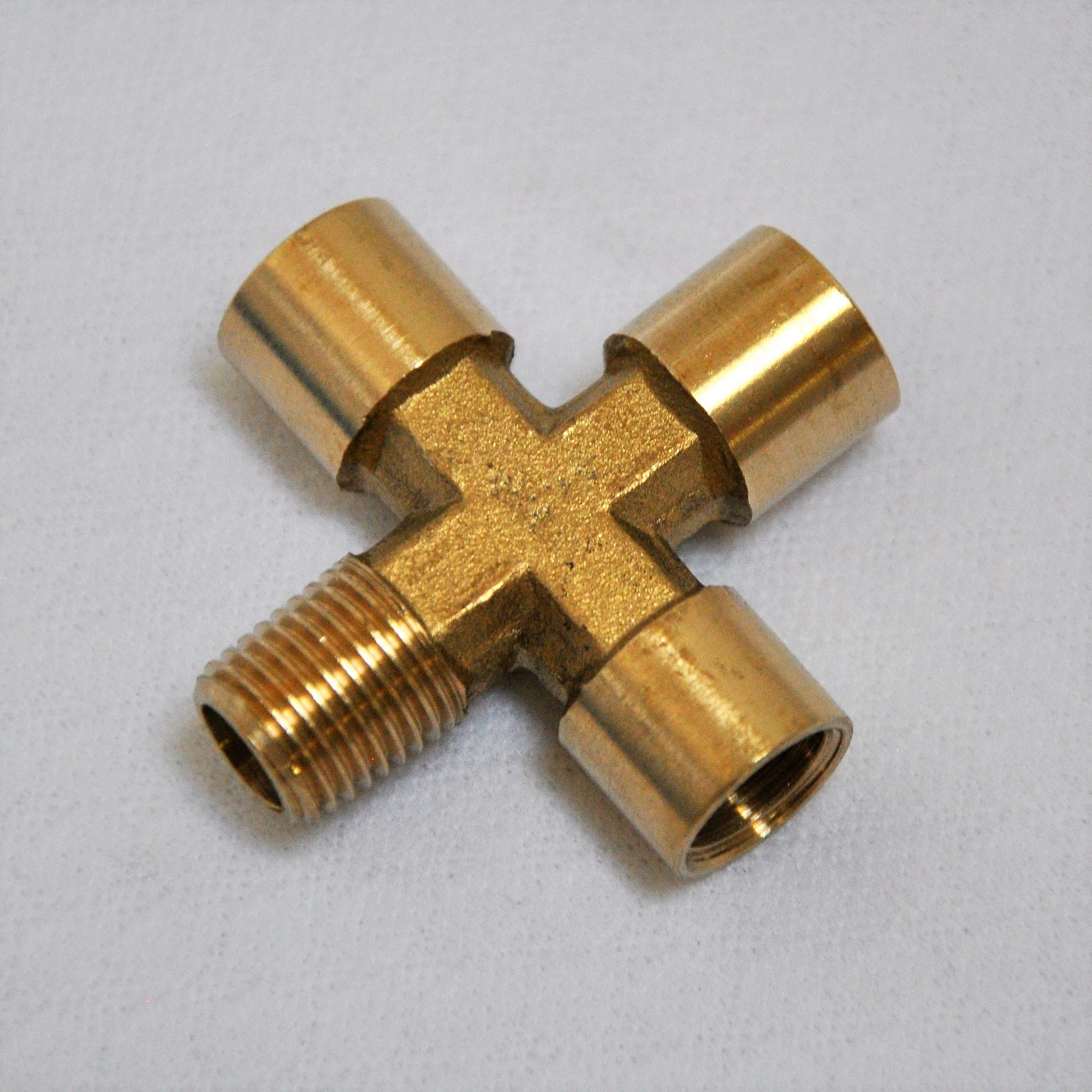 Brass Cross Adapter: 1/4 MNPT NPT(X3) X  1/4 FNPT IPT Solid one piece, breate manifold connections