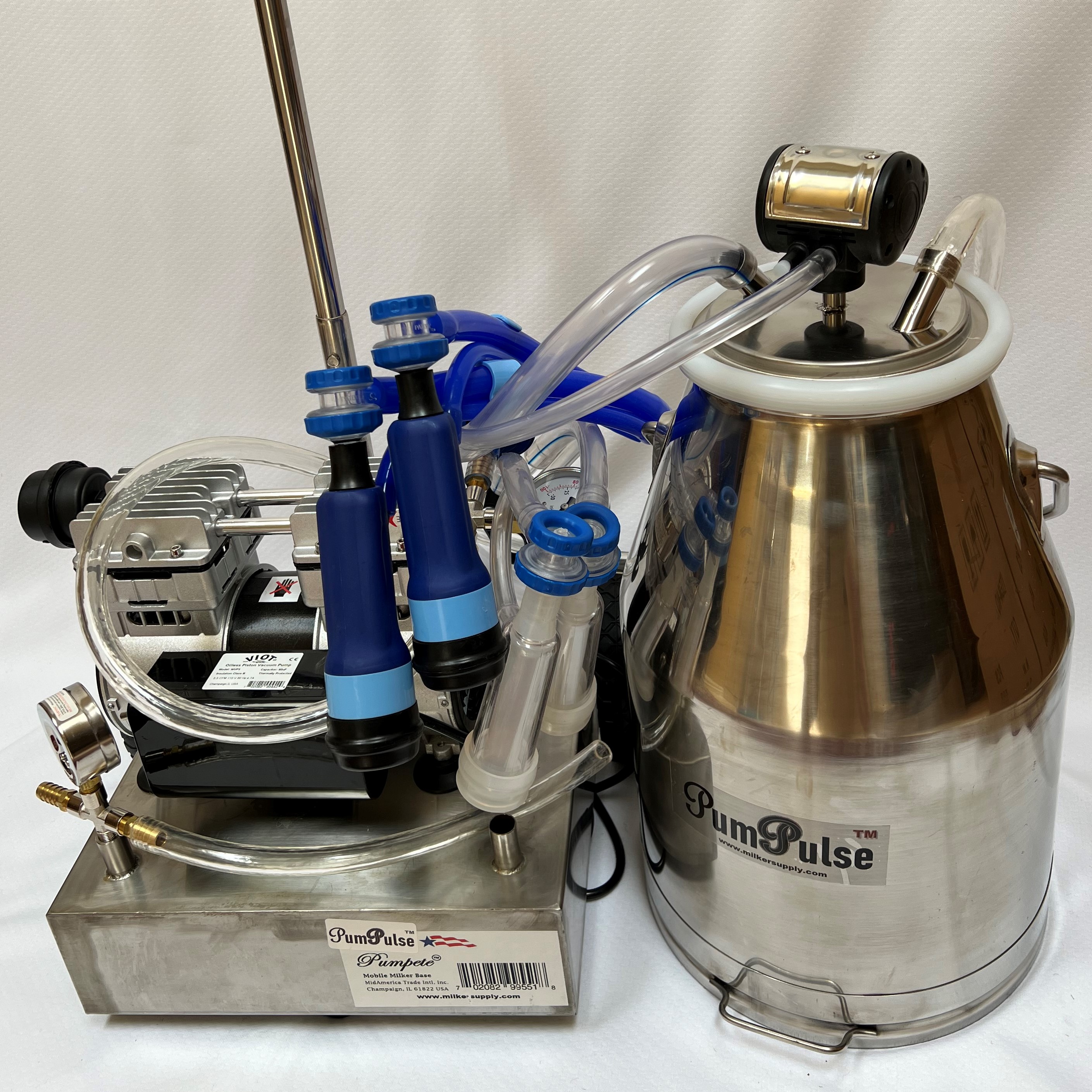 Dual 2-Goat Milker Machine w/vacuum pump/25 Liter Bucket/SS Mobile Base/Automatic Claw Cluster/Pulsator/Regulator hardware Hoses