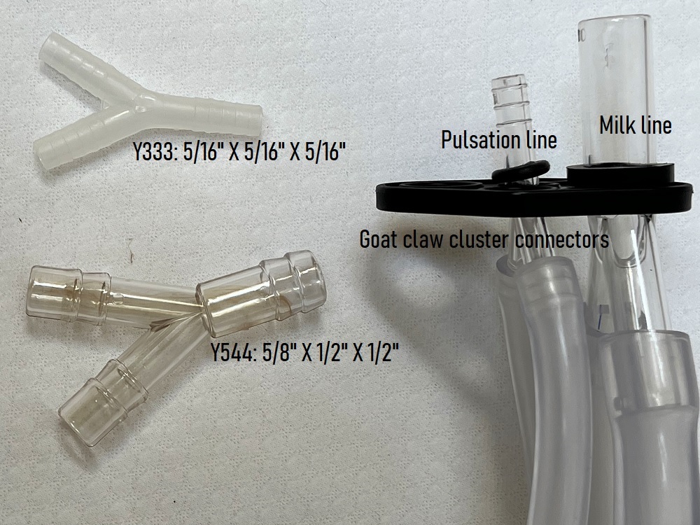 Clear Y Adapter 3-Way, to split the Pulsation line from 5/16 to 2 connections: 1/4 inch at the claw cluster for goat milker