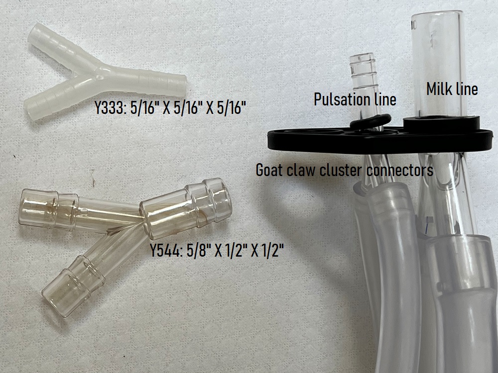 Clear Y Adapter 3-Way, to split the milk like from 5/8 to 2 connections: 1/2 inch at the claw cluster for goat milker